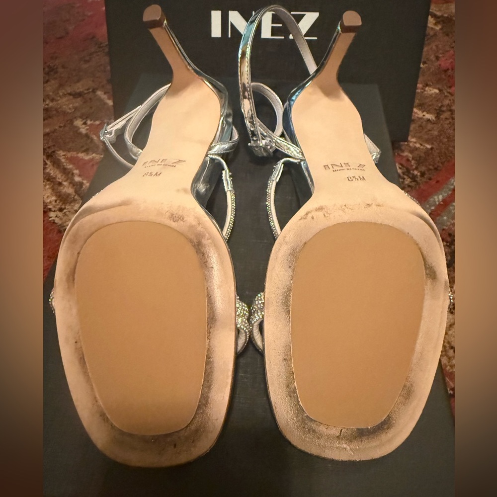 INEZ Sofia Silver Metallic Mid-Heel Sandals with Crystals - Picture 4 of 9